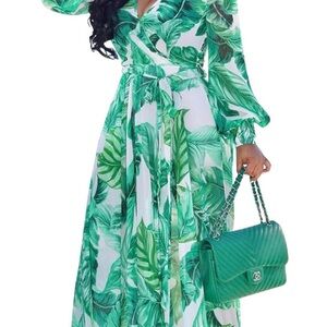 Elegant Green Leaf Print Long Sleeve Dress
